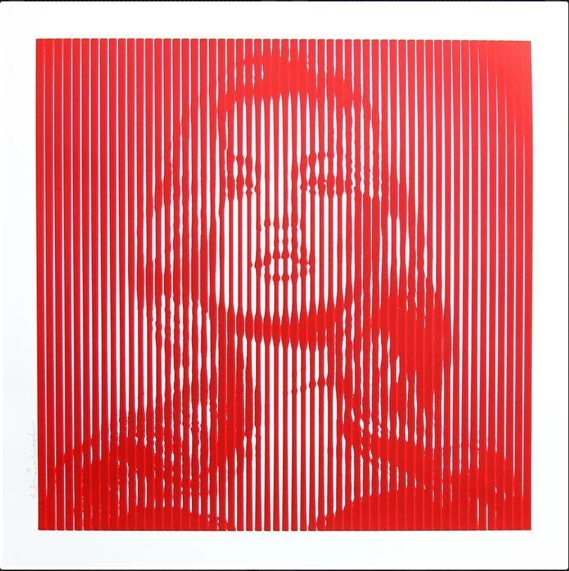 "Fame Moss" screen print full set of 4 in Black on Grey, Blue on Blue, Red on Red, and Cyan on Magenta.  Released by Mr. Brainwash in 2015 in limited edition of 65.Prints measure 34.5in x 35in.  Each print signed and numbered with thumb print on back.