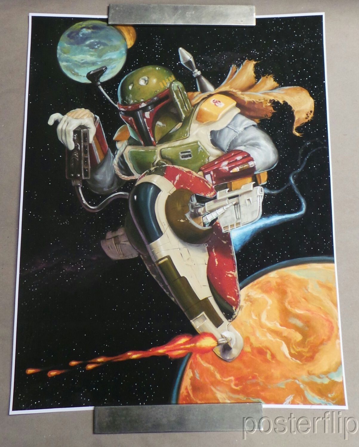 Title: Supercharged Slave 1  Artist: Jonathan Bergeron  Edition:Released in 2014 and printed in a limited edition of 50, signed and numbered by the artist.  Type: Screen Print Poster  Size: 16" x 20"  Notes:  Inspired by Star Wars.  Prints are stored flat in very good condition. Following purchase, prints are rolled in archival paper and shipped with bubble wrap in sturdy cardboard tubes.  Check out our other listings for more hard-to-find and out-of-print posters.