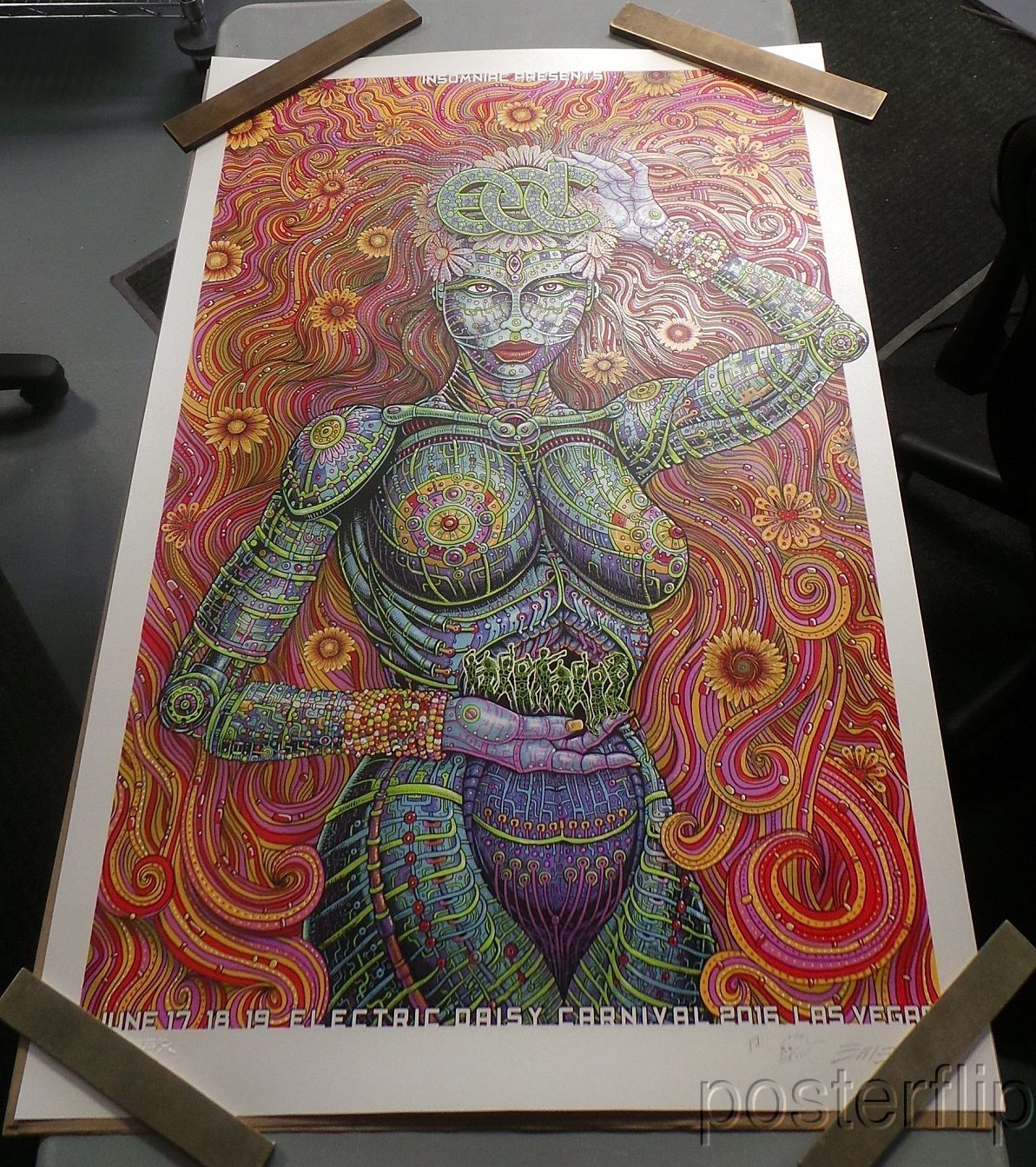 Title:  Electric Daisy Carnival 2016  Poster artist:  Emek  Edition:  xx/100 s/n  Type:  Screen print  Size:  24" x 36"  Notes:  Released in 2016 by Emek Studios Inc.  Print is stored flat in very good condition. Following purchase, prints are rolled in archival paper and shipped with bubble wrap in sturdy cardboard tubes.   Check out our other listings for more hard-to-find and out-of-print posters.
