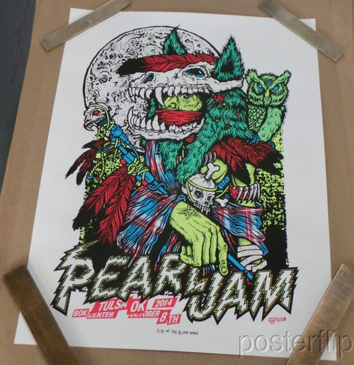 Title: Pearl Jam (Tulsa OK, Glow-in-the-Dark Variant) Artist: Ames Bros Edition: Released in 2014 and printed with glow in the dark ink, signed by the artist. Type: Screen Print Size: 20" x 26" Location: Tulsa, OK October 8th, 2014 Venue: Bok Center Notes: Print is stored flat in very good condition. Following purchase, print will be rolled in kraft paper and shipped in a sturdy cardboard tube which is padded on both ends with bubble wrap.