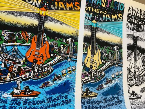Title: "The Beacon Jams" SET OF THREE PRINTS (diff #s)  Poster artist: Jim Pollock  Edition: x/200, x/500, x/1600, signed by Jim Pollock and Trey Anastasio  Type: Screen Print  Size: 15" x 22"  Location: New York City  Venue: Beacon Theatre  Notes: Prints are in mint/near mint condition with no issues.  Printed on Neenah Stardream Crystal paper.  signed/numbered: yes - each of the 3 posters is signed by both Trey Anastasio and Jim Pollock.