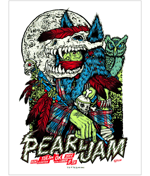 Title:  Pearl Jam (Tulsa OK, Glow-in-the-Dark Variant)  Artist:  Ames Bros  Edition:  Released in 2014 and printed with glow in the dark ink, signed by the artist.  Type:  Screen Print  Size: 20" x 26"  Location: Tulsa, OK October 8th, 2014  Venue:  Bok Center  Notes:  Print is stored flat in very good condition.  Following purchase, print will be rolled in kraft paper and shipped in a sturdy cardboard tube which is padded on both ends with bubble wrap. 