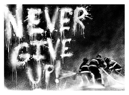 Title: Never Give Up! (2018 Set of 3 (1)RED (1)WHITE AND (1)BLUE)  Artist: Mr. Brainwash  Edition: Limited Edition screenprint on hand torn archival art paper of only 40 copies per color. Signed, numbered and thumb printed on the back.  FULL SET OF 3 - (1)RED (1)WHITE AND (1)BLUE  Type: Screenprint poster on hand torn archival art paper  Size:  22.4" x 26.4"  Notes:  Released in honor of the Los Angeles Firefighters in regards to the recent Woosley fires that have devastated Southern California.