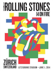 Title: Rolling Stones   Edition: 1st edition, official poster hand numbered and embossed.  Type: Lithograph.  Edition:  xx/500  Size: 17" x 23"  Location: Zurich, Switzerland   Venue: Letzigrund Stadium   Notes: Official poster, Europe 14 On Fire Tour original from the show!
